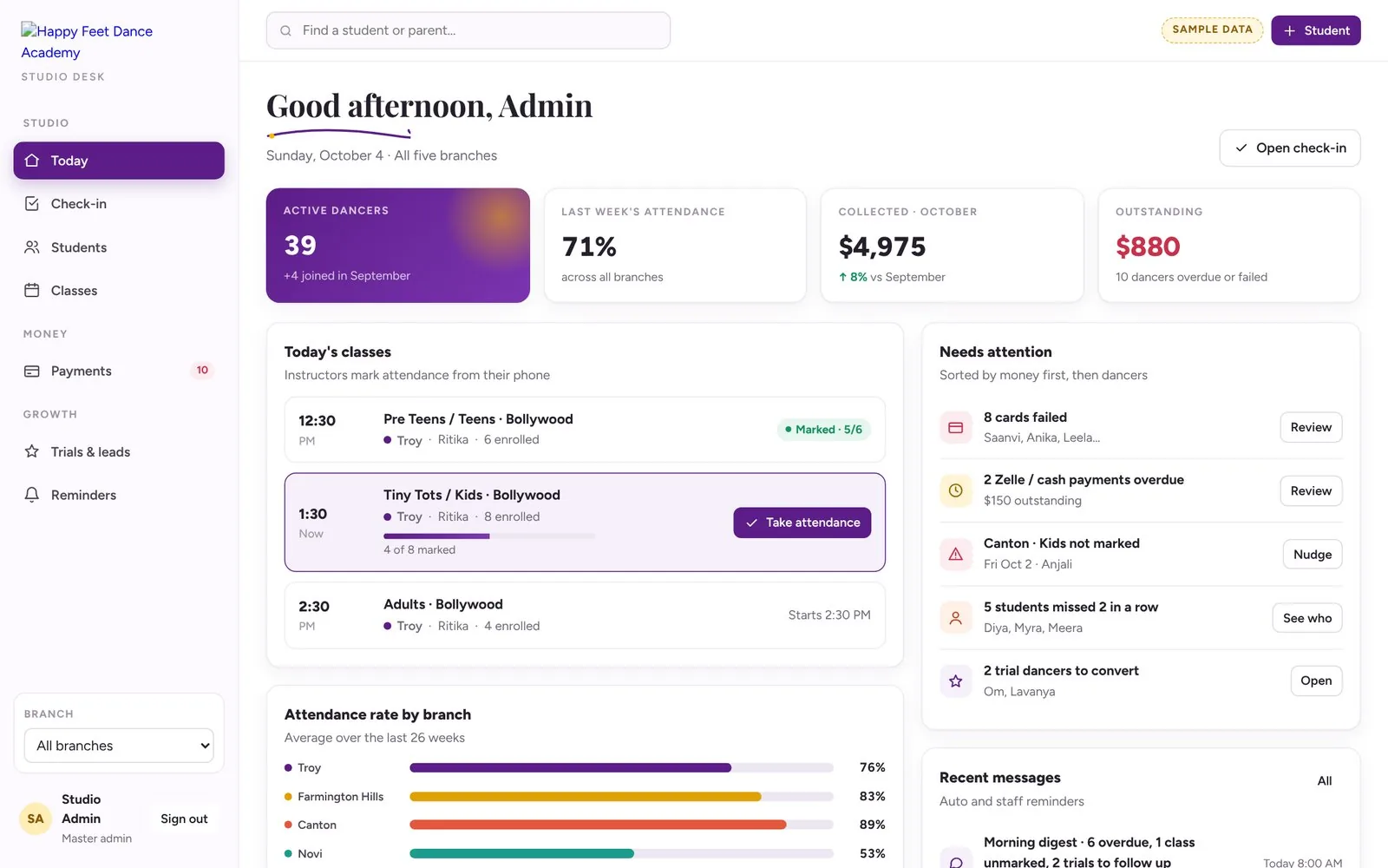Dance CRM studio desk dashboard